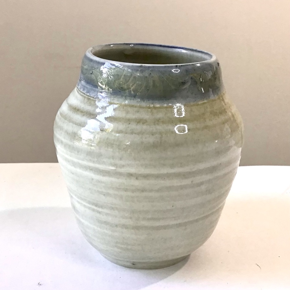 Pottery Vase Handcrafted Studio Art Small 4-1/2”H Gray & Blue Glossy Glaze